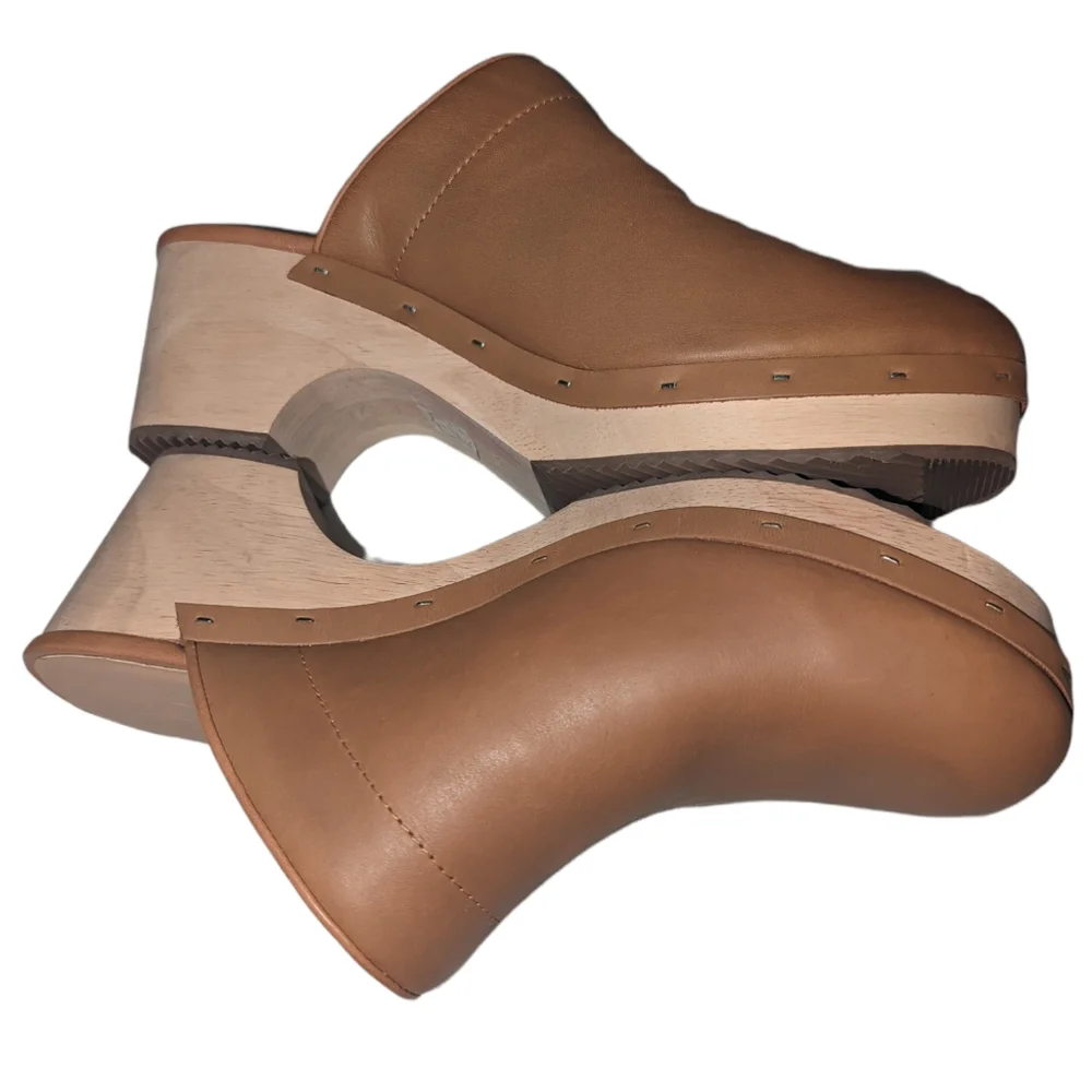 New LOFT Missy Leather Mule Wooden Block Wedge 9.5 M